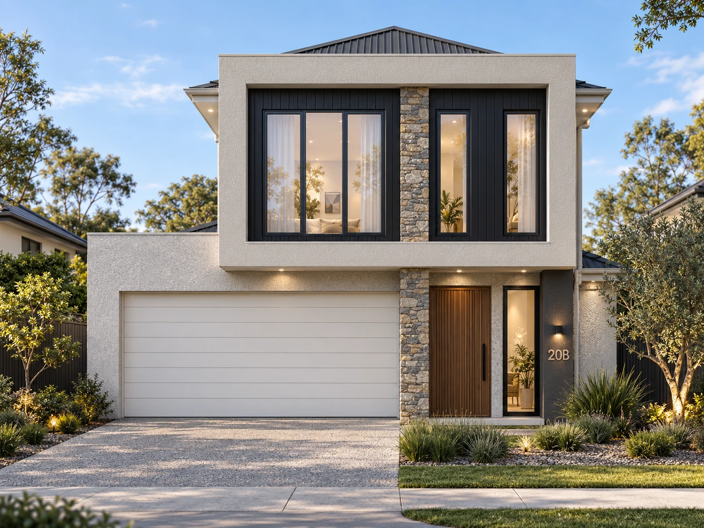 Two-storey home with a rendered upper frame, dark cladding and stone pier